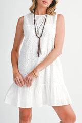 White Floral Eyelet Embroidered Sleeveless Shift Dress