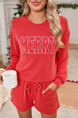 Racing Red Corded MERRY Long Sleeve Top and Shorts Pajama Set