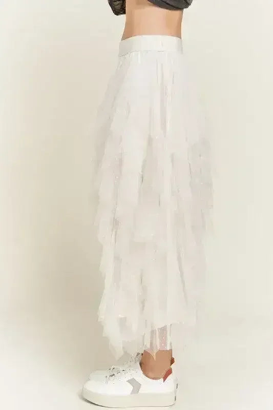 LAYERED POLKA DOT MESH LINED A-LINE MIDI SKIRT - Femstylo