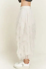 LAYERED POLKA DOT MESH LINED A-LINE MIDI SKIRT - Femstylo