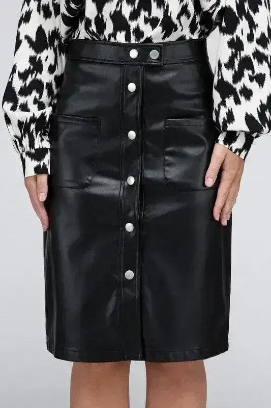 Button Front PU Skirt – High Waist Midi with Pockets - Femstylo