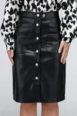 Button Front PU Skirt – High Waist Midi with Pockets - Femstylo