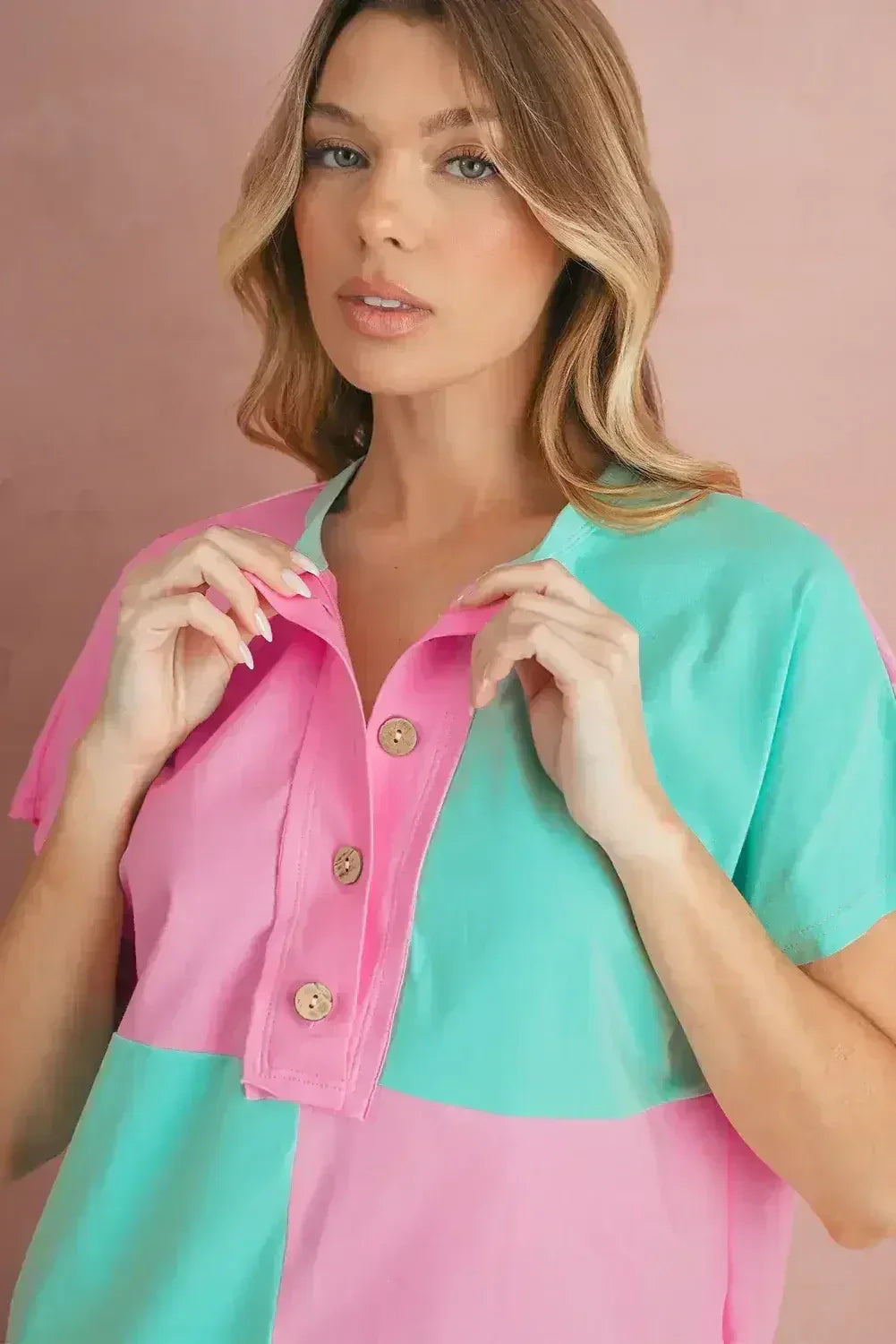 Mint Green Colorblock Half Buttons Henley T Shirt - Femstylo