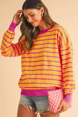 Pink Stripe Round Neck Drop Shoulder Loose Sweater - Femstylo