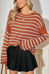 Brown Stripe Casual Round Neck Drop Shoulder Sweater - Femstylo