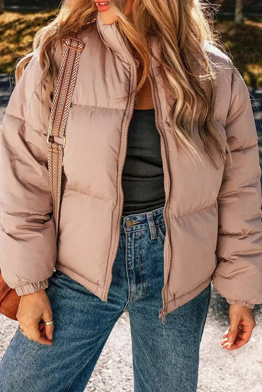 Apricot Pink Full Zipper Quilted Puffer Jacket - Femstylo