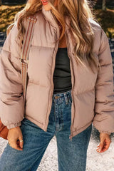 Apricot Pink Full Zipper Quilted Puffer Jacket - Femstylo