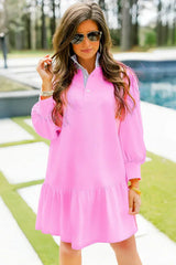 Pink Striped Collar Long Sleeve Ruffle Hem Dress