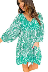 Green Bohemian Print Puff Sleeve Tied V Neck Flared Mini Dress - Femstylo