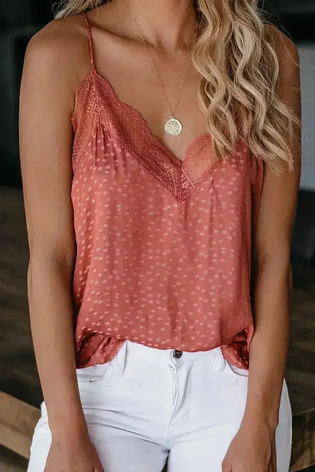 Spaghetti Strap Printed Lace Tank Top - Femstylo