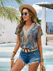 Sky Blue Printed V-Neck Short Sleeve Blouse | Femstylo - Femstylo