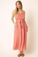 Mittoshop Cross Back Belted V Neck Tank Maxi Dress - Femstylo
