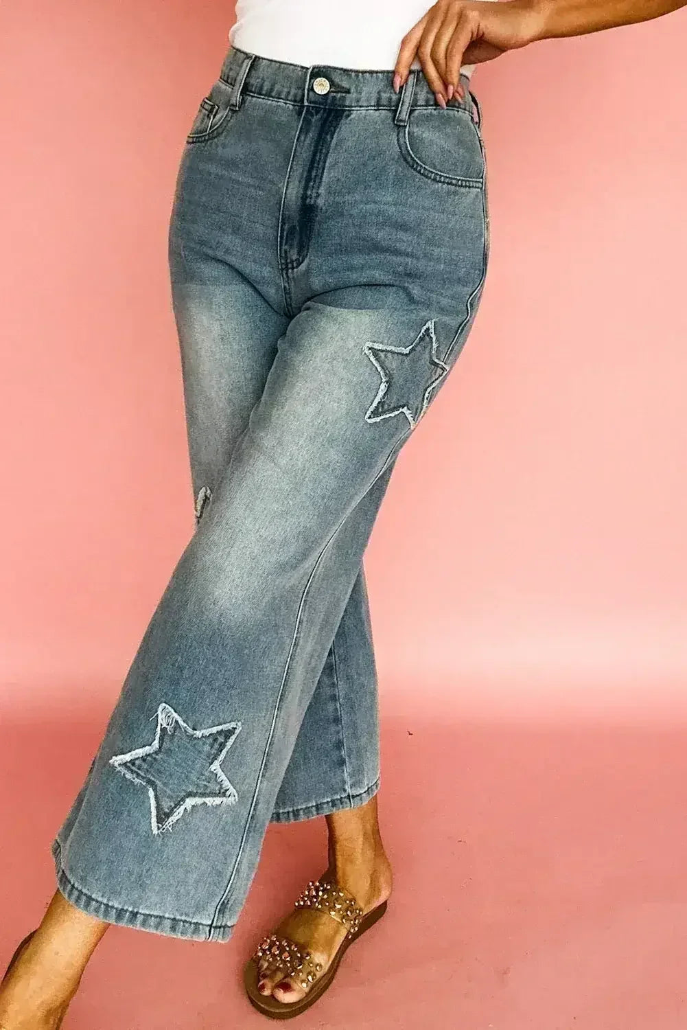 Stone Blue Star Patchwork Light Wash Wide Leg High Waist Jeans - Femstylo