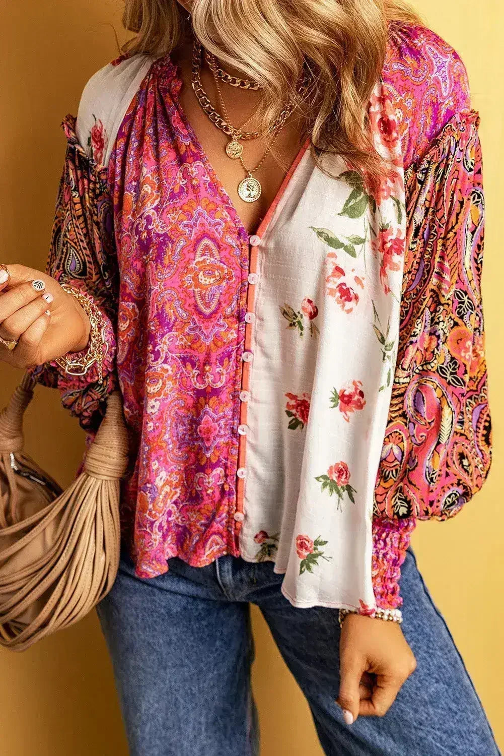Multicolor Floral Patchwork Shirred Cuff Buttoned V Neck Blouse - Femstylo