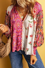 Multicolor Floral Patchwork Shirred Cuff Buttoned V Neck Blouse - Femstylo