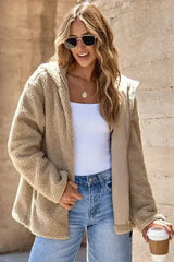 Pale Khaki Fleece Zip Up Drawstring Hooded Pocketed Jacket - Femstylo