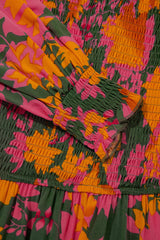 Orange Floral Puff Sleeve Smocked Bodice Frill Tiered Dress