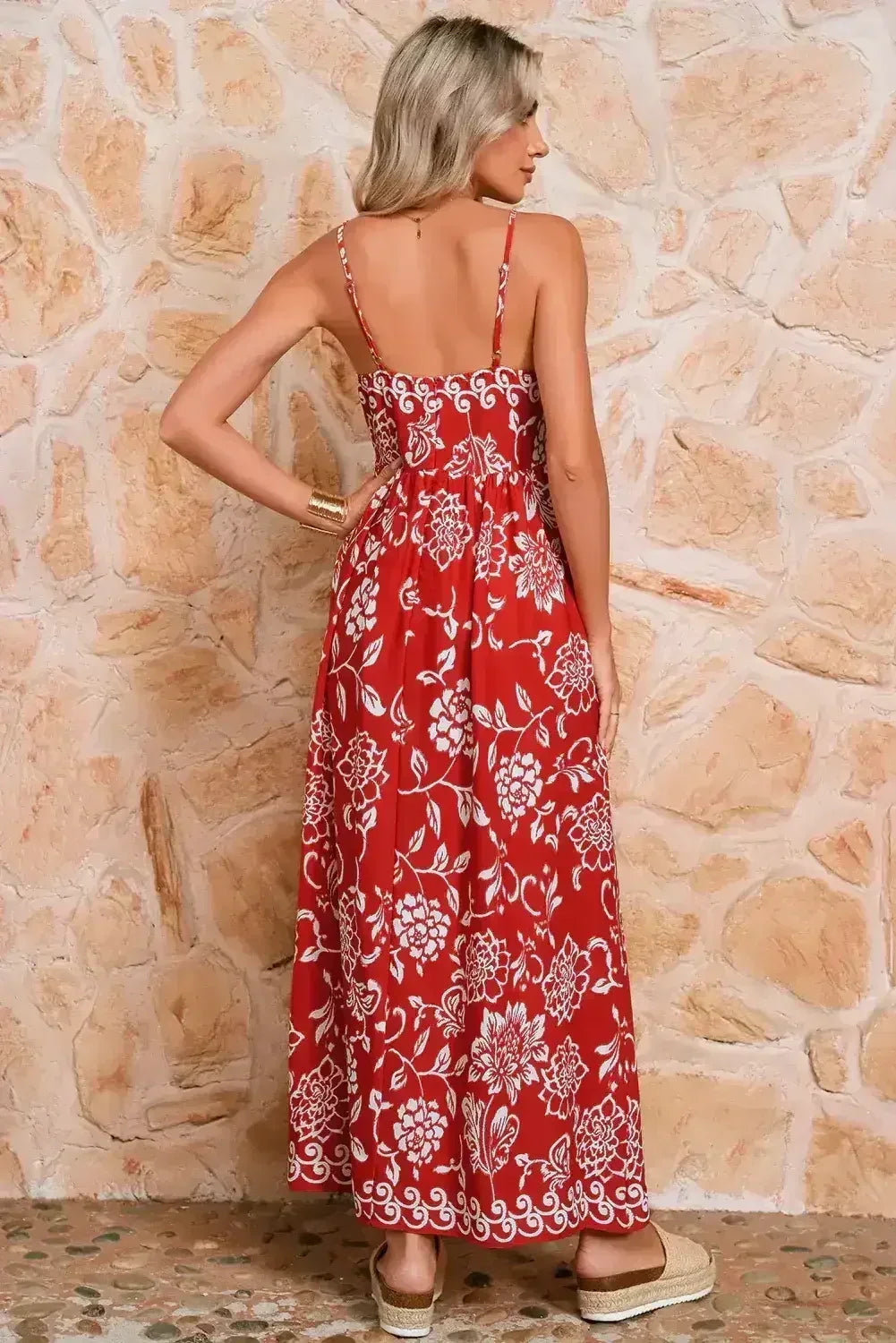 Red Floral Print Spaghetti Strap Empire Waist Maxi Dress - Femstylo