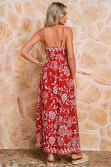 Red Floral Print Spaghetti Strap Empire Waist Maxi Dress - Femstylo