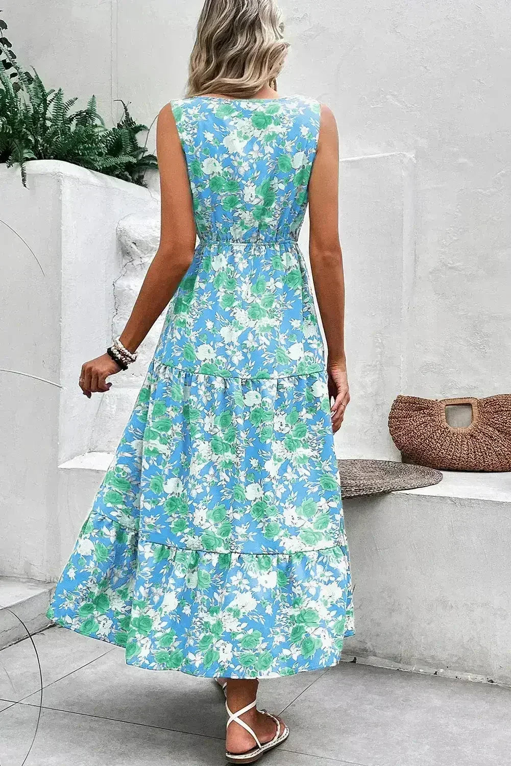 Green Floral Print Trimmed V Neck Sleeveless Vacation Dress - Femstylo