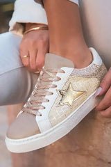 Gold Glitter Star Patchwork PU Leather Lace-up Sneakers - Femstylo