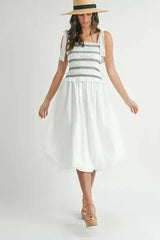MABLE Smocked Bodice Bubble Midi Dress - Femstylo