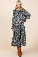 Mittoshop Printed Tie Neck Flounce Sleeve Midi Dress - Femstylo