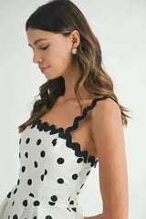 Polka Dot Mini Dress – Ricrac Trim Strap & Smocked Back - Femstylo