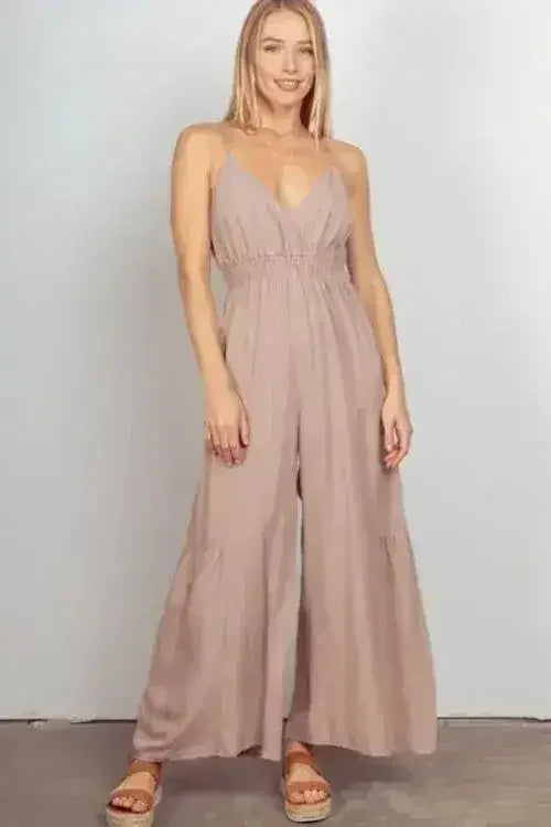 VERY J Sleeveless Ruched Wide Leg Jumpsuit - Femstylo