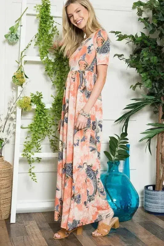 Celeste Paisley Print Short Sleeve Maxi Dress with Pockets - Femstylo