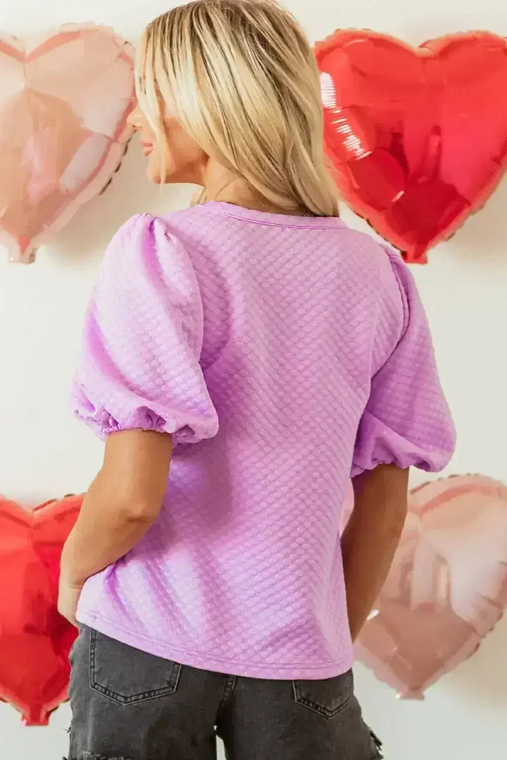 Phalaenopsis Puff Sleeve Blouse - Textured O-Neck Top | Femstylo - Femstylo