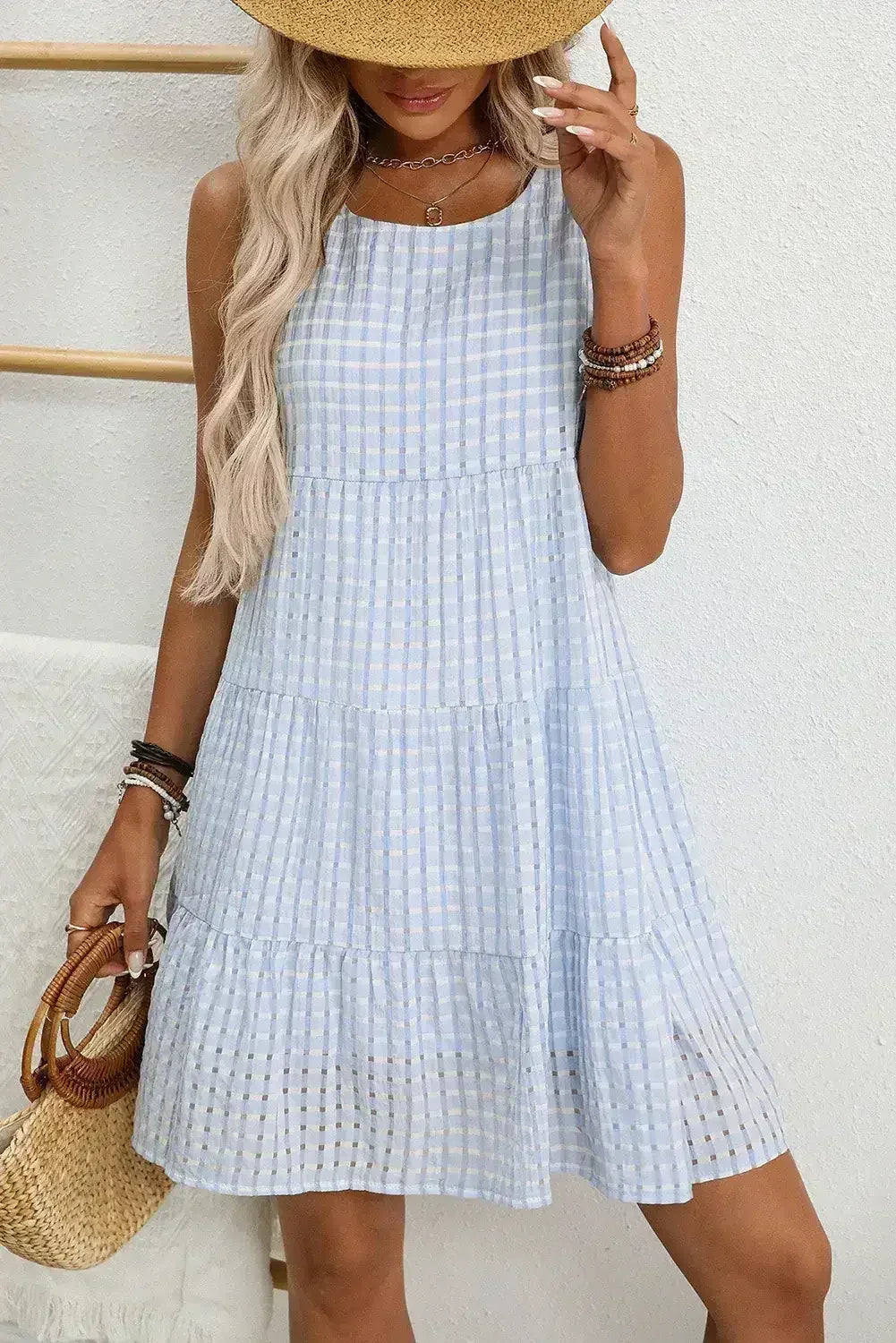 Light Blue Gingham High Waist Sleeveless Mini Dress - Femstylo