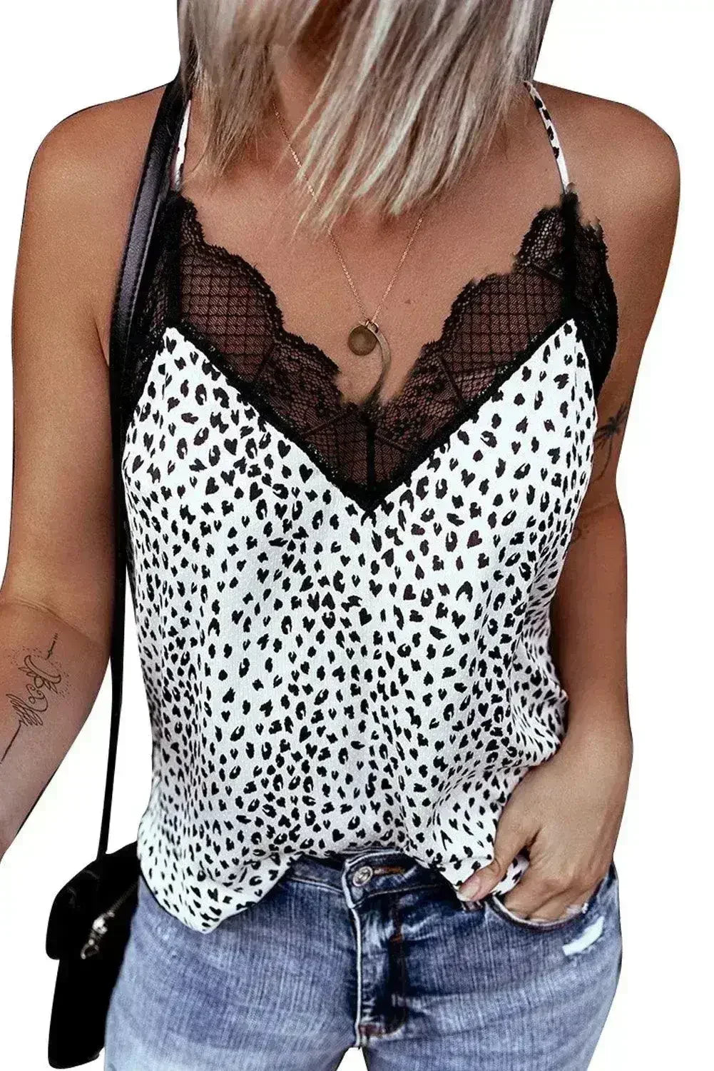 Spaghetti Strap Printed Lace Tank Top - Femstylo