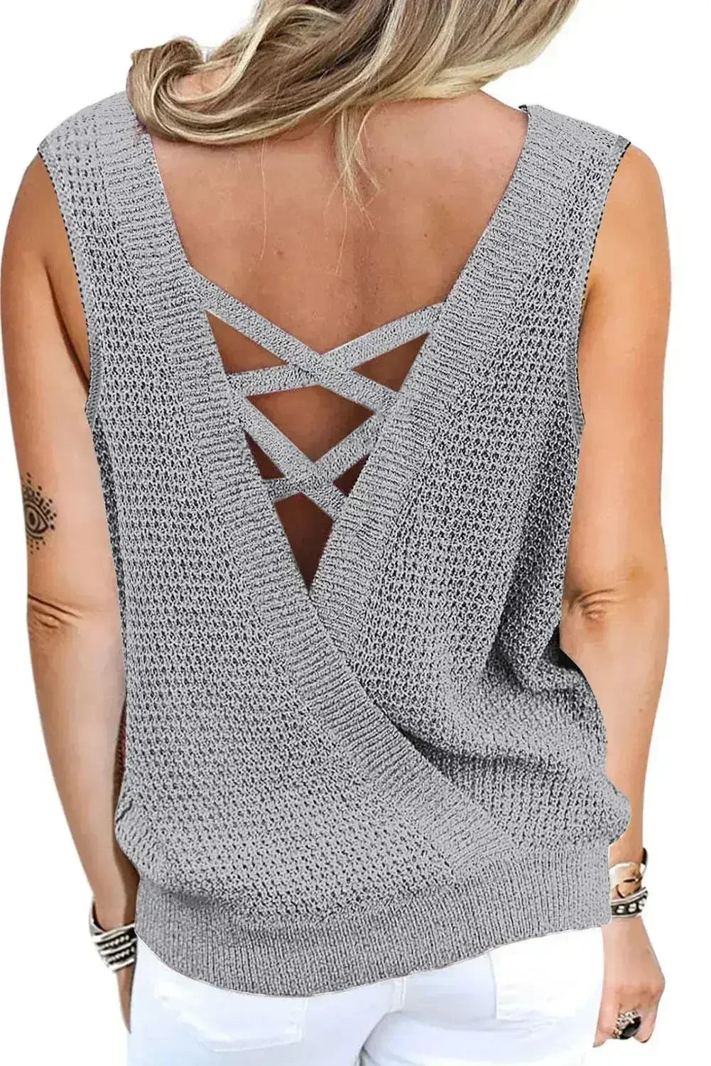Gray Crisscross Hollow-out Knit Tank Top - Femstylo