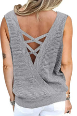 Gray Crisscross Hollow-out Knit Tank Top - Femstylo