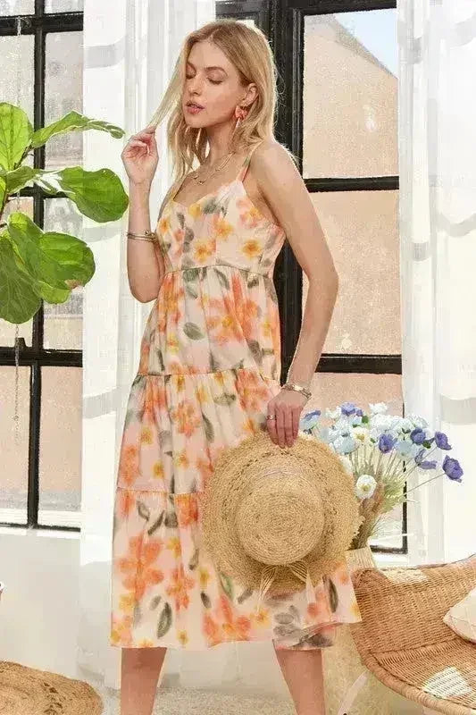 ADORA Floral Smocked Back Dress – Adjustable Strap Midi - Femstylo