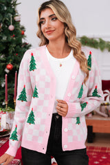 Pink Checkered Christmas Tree Pattern Button V Neck Knit Cardigan