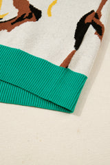 Apricot Contrast Ribbed Stripes Animal Pattern Knit Sweater