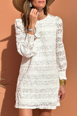 White Lace Floral Round Neck Puff Sleeve Shift Mini Dress
