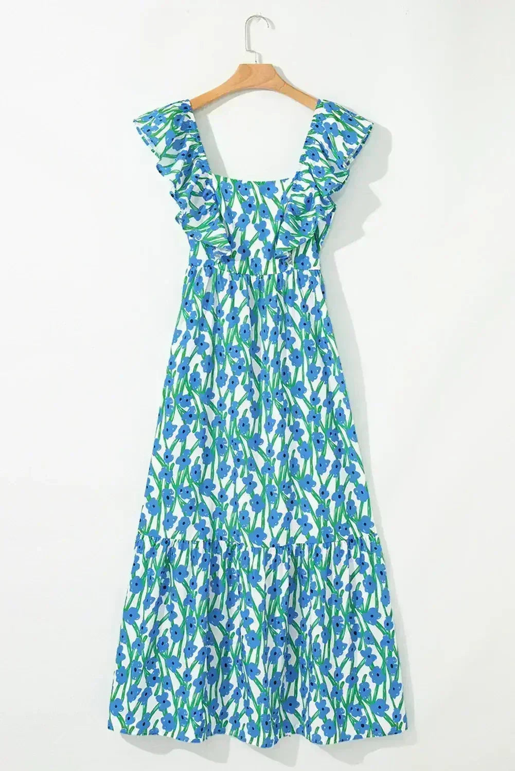 Pink Floral Print Square Neck Ruffled Strap Maxi Dress - Femstylo