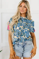 Beige Embroidered Puff Sleeve Frilled Neck Printed Top | Femstylo - Femstylo