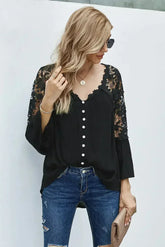 Button Long Sleeve Black Crochet Lace Blouse Top - Femstylo