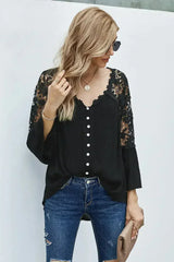 Button Long Sleeve Black Crochet Lace Blouse Top - Femstylo