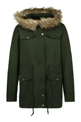 Zipper Snaps Pocket Plush Hooded Parka Jacket - Femstylo