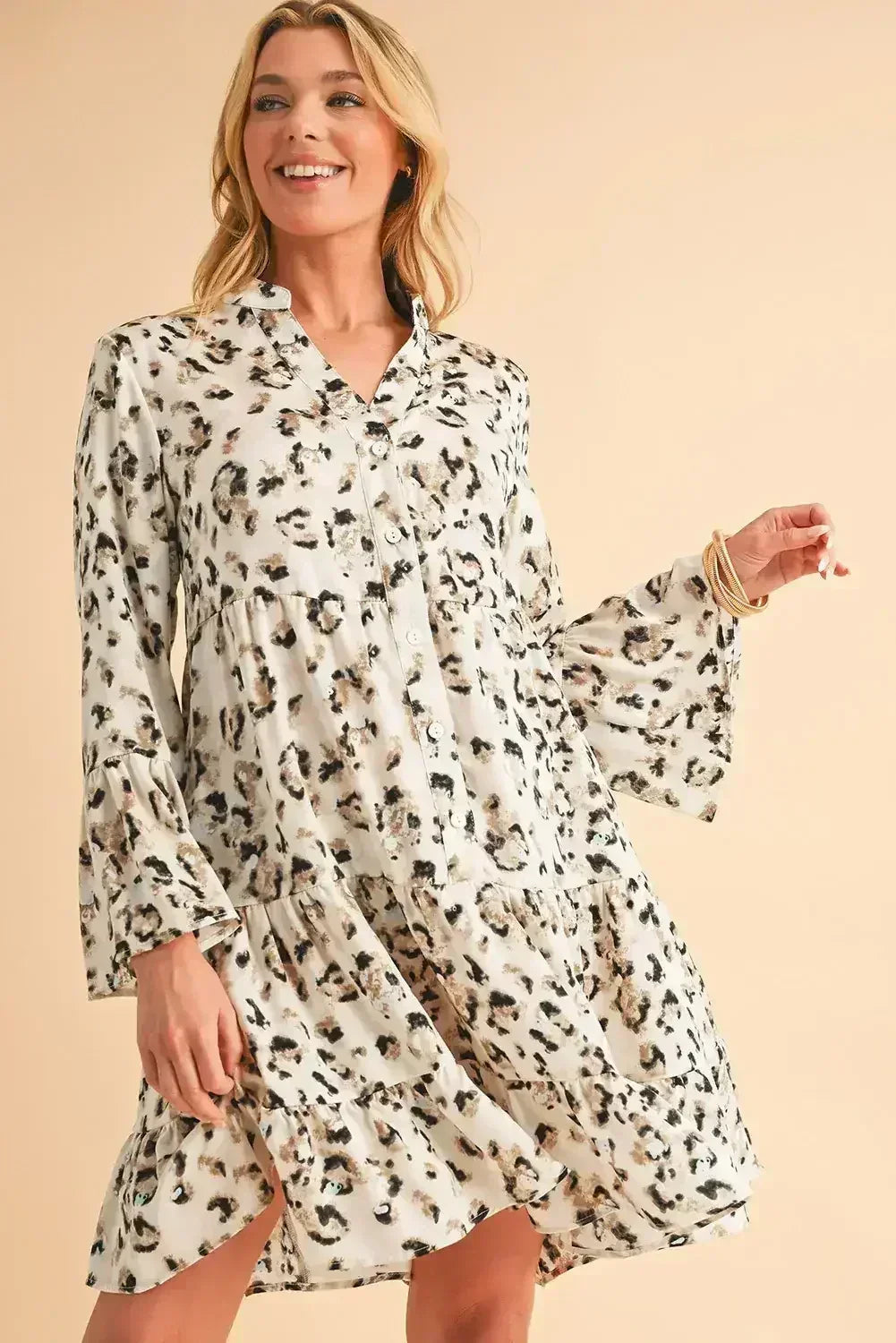 Black Leopard Button V Neck Flowy Mini Dress - Femstylo