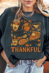 Dark Grey Twisted Ribbed THANKFUL Fall Fashion Heat Transfer Printing Baggy Sweatshirt