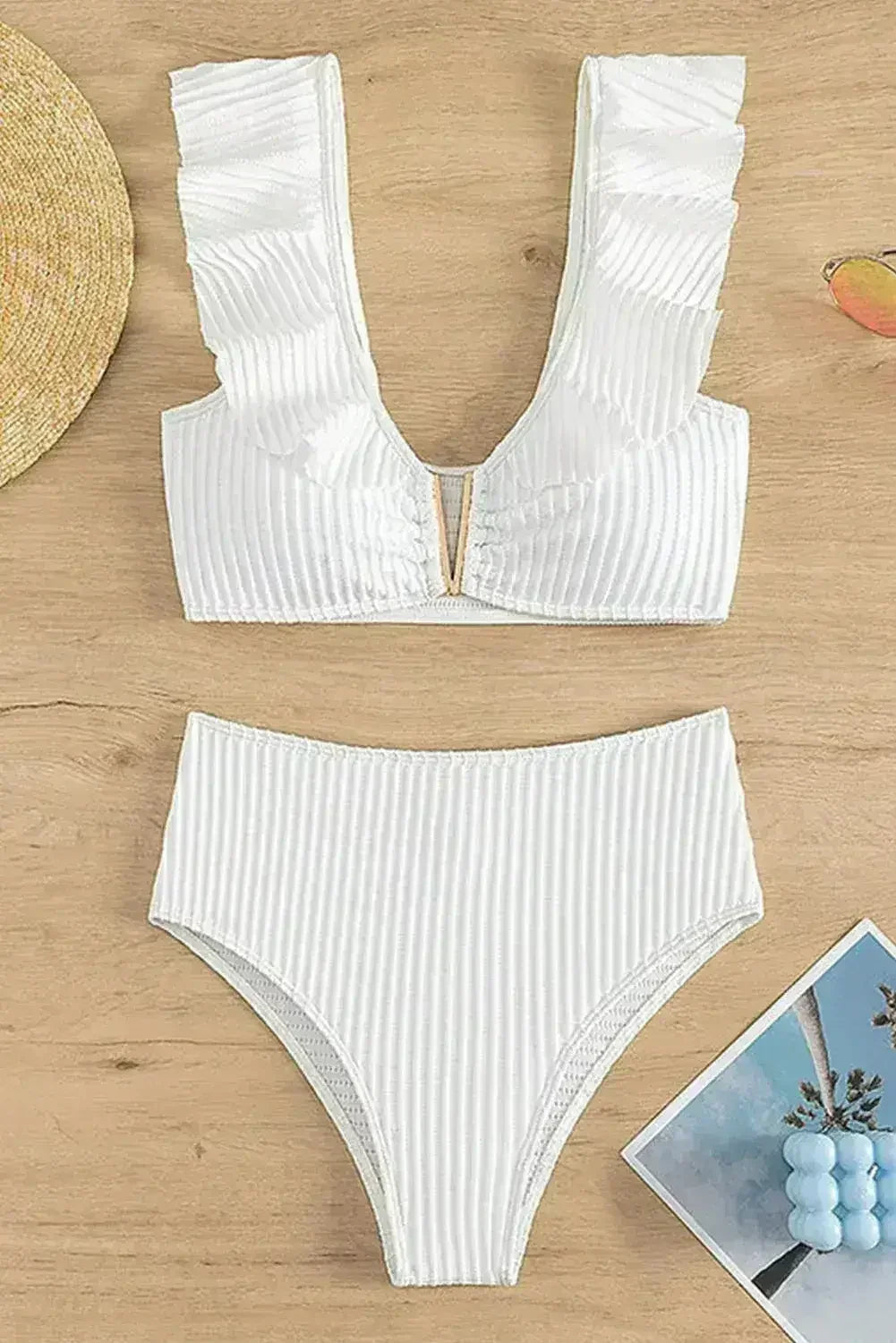 White Textured Ruffled Notched V Neck High Waist Bikini Set - Femstylo