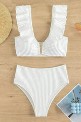 White Textured Ruffled Notched V Neck High Waist Bikini Set - Femstylo