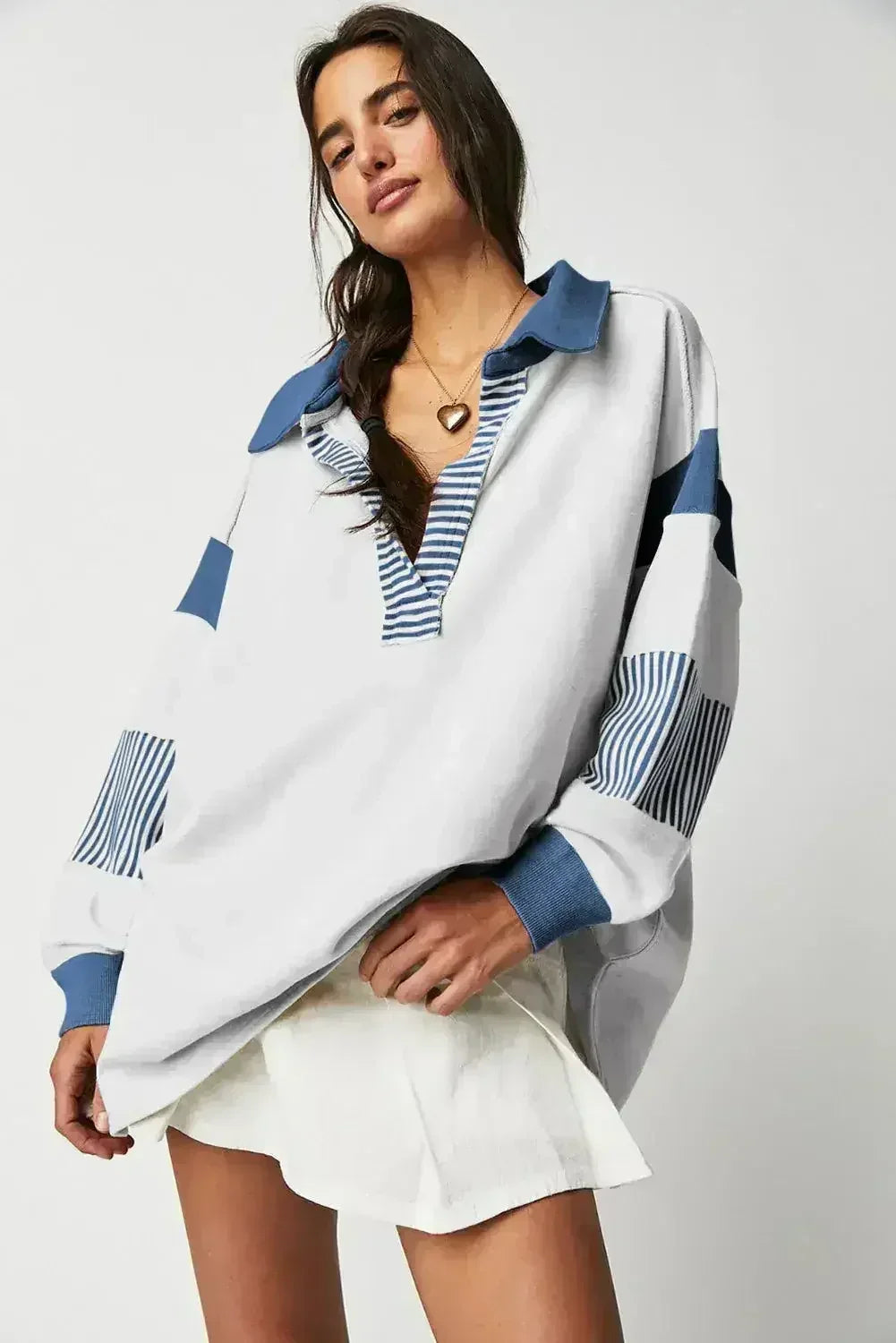 Dark Blue Striped Colorblock Patchwork Collar Sweatshirt - Femstylo