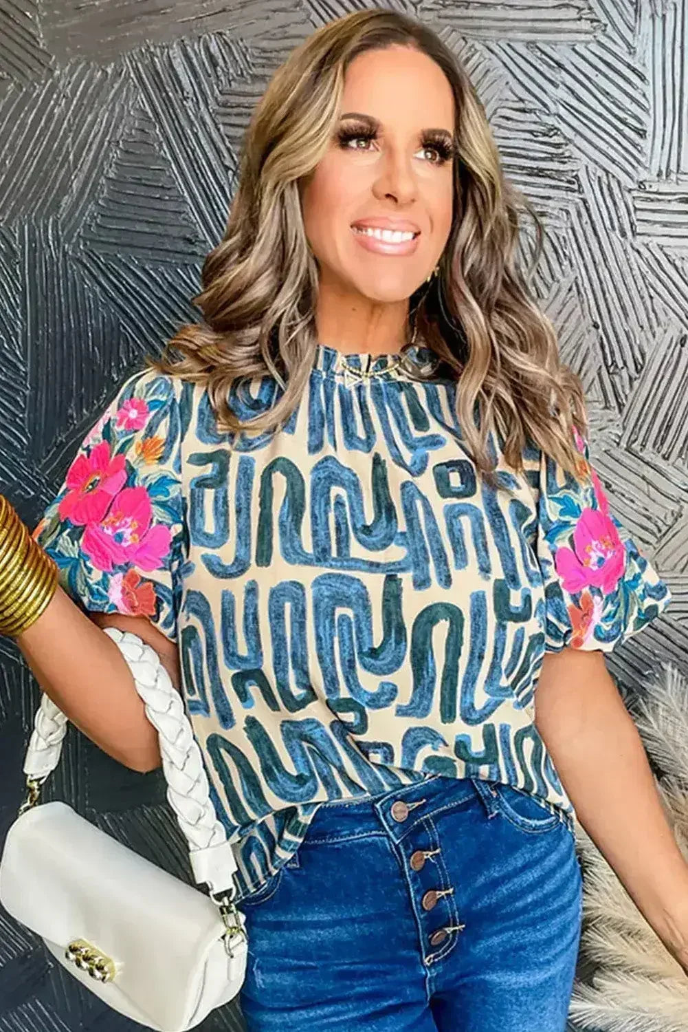 Beige Embroidered Puff Sleeve Frilled Neck Printed Top | Femstylo - Femstylo